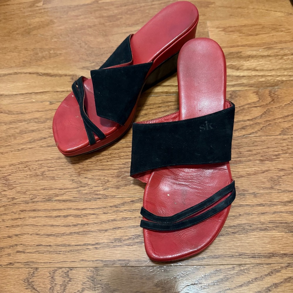 Stephane Kelian Red Black Suede‎ Strap Slip On Wedge Sandals Minimalist Shoes